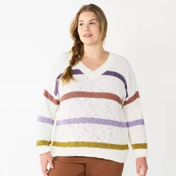 Plus Size Sonoma Goods For Life® Long Sleeve V-Neck Sweater -Sonoma Goods For Life Sales 2024 5585496 Beige Stripe