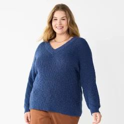 Plus Size Sonoma Goods For Life® Long Sleeve V-Neck Sweater -Sonoma Goods For Life Sales 2024 5585496 Blue