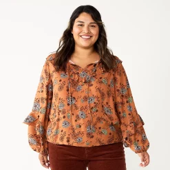 Plus Size Sonoma Goods For Life® Ruffle Peasant Top -Sonoma Goods For Life Sales 2024 5662063 Brown Blue Floral