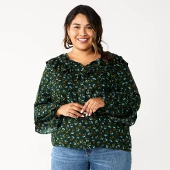 Plus Size Sonoma Goods For Life® Ruffle Peasant Top -Sonoma Goods For Life Sales 2024 5662063 Dark Green Mini Floral