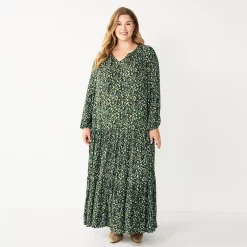 Plus Size Sonoma Goods For Life® Tiered Long Sleeve Maxi Dress -Sonoma Goods For Life Sales 2024 5664433 Olive Multi Floral